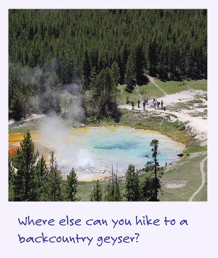 a polaroid image looking down on hikers at a geyser
