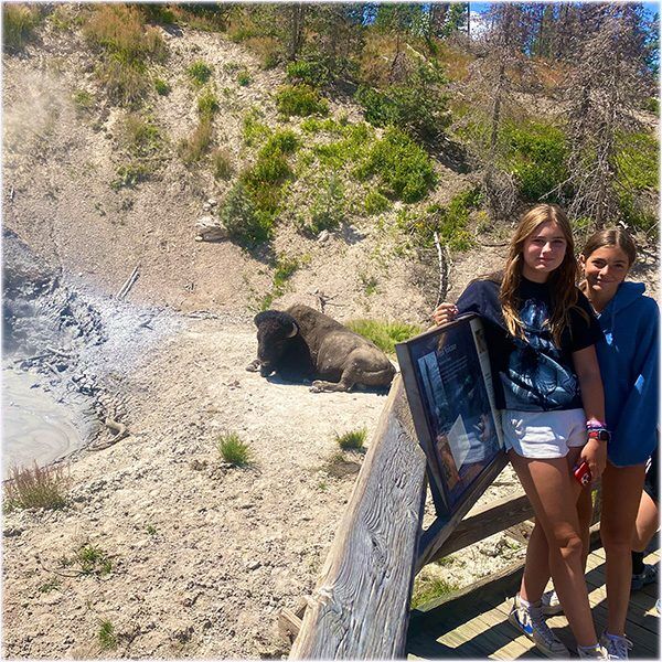 Two teenage girls look at a bison by a mud pool in Yellowstone.